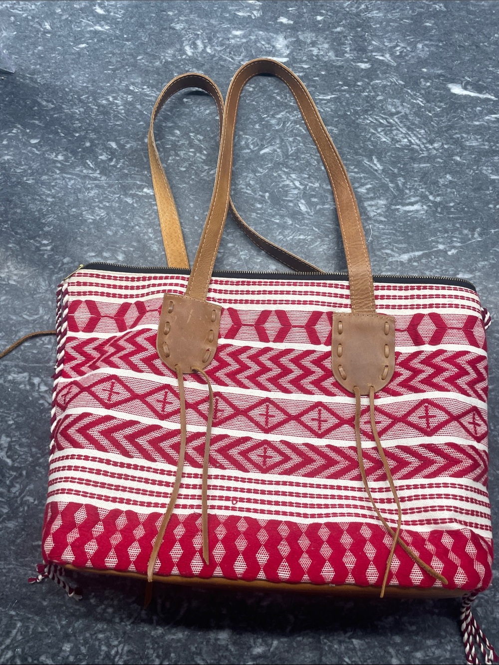 Noonday Collection Red and Cream Woven Tote with Tan Straps